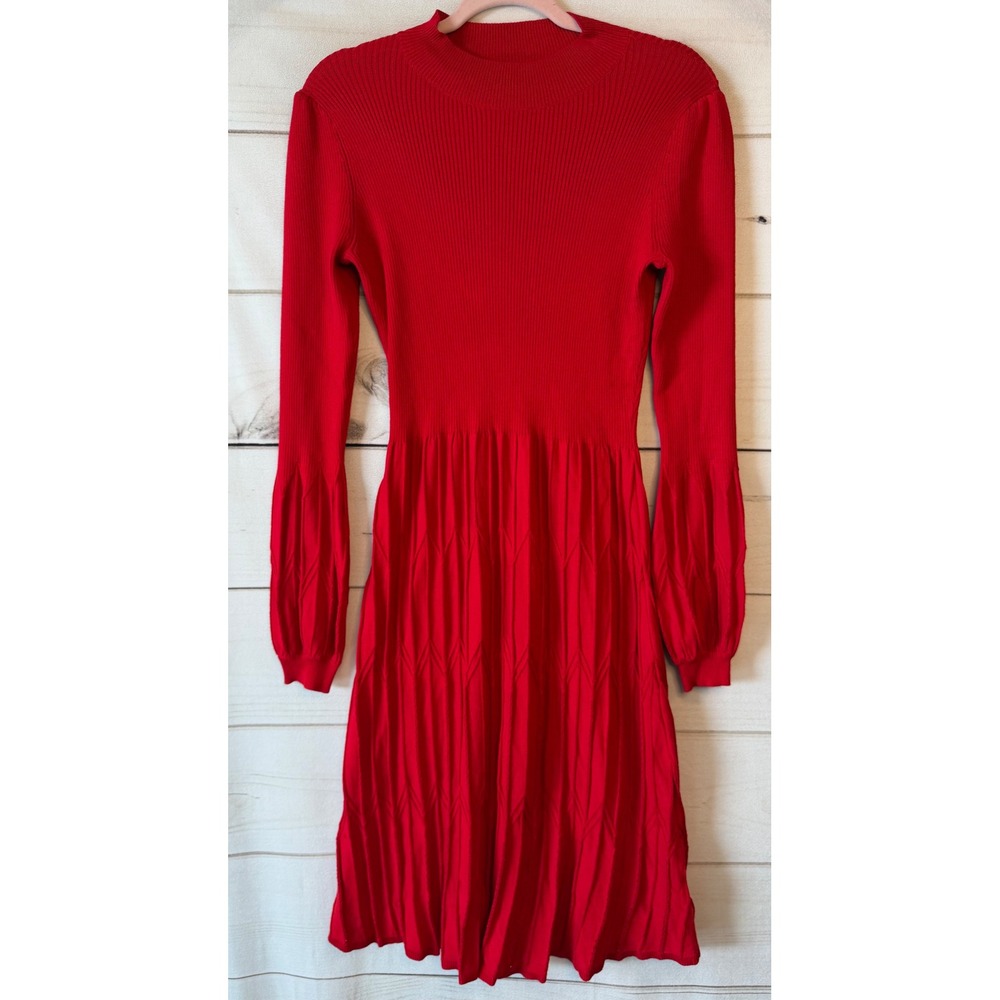 Draper James Red Ribbed Mock Neck Bishop Sleeve Pleated Knit Dress S S3007